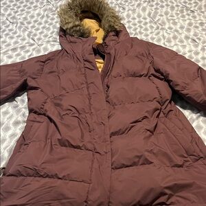 Prana Maroon Puffer Jacket with Faux Fur Hood